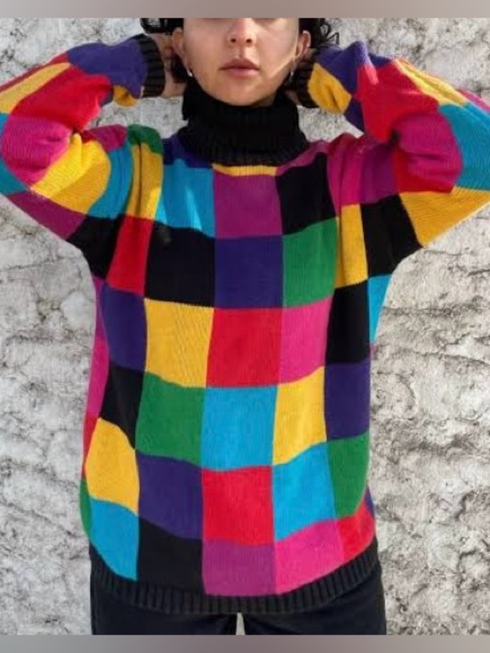 VTG 80s Angora/Lambswool Multicolor Checkered Turtleneck Sweater